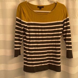 Flattering multi tone sweater - grey and white stripe with green/gold upper part
